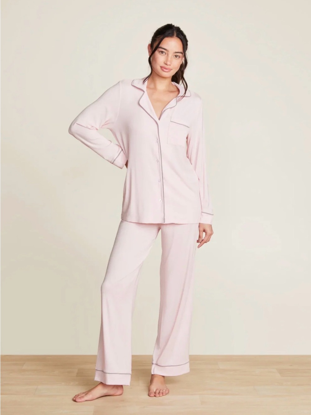 Barefoot Dreams Luxe Milk Jersey Piped Pink PJ Set